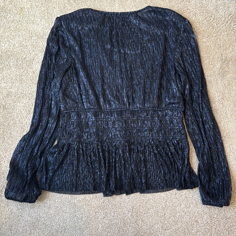 White House Black Market Shimmering Metallic Sparkle Peplum Navy Blouse Women M - Picture 9 of 10